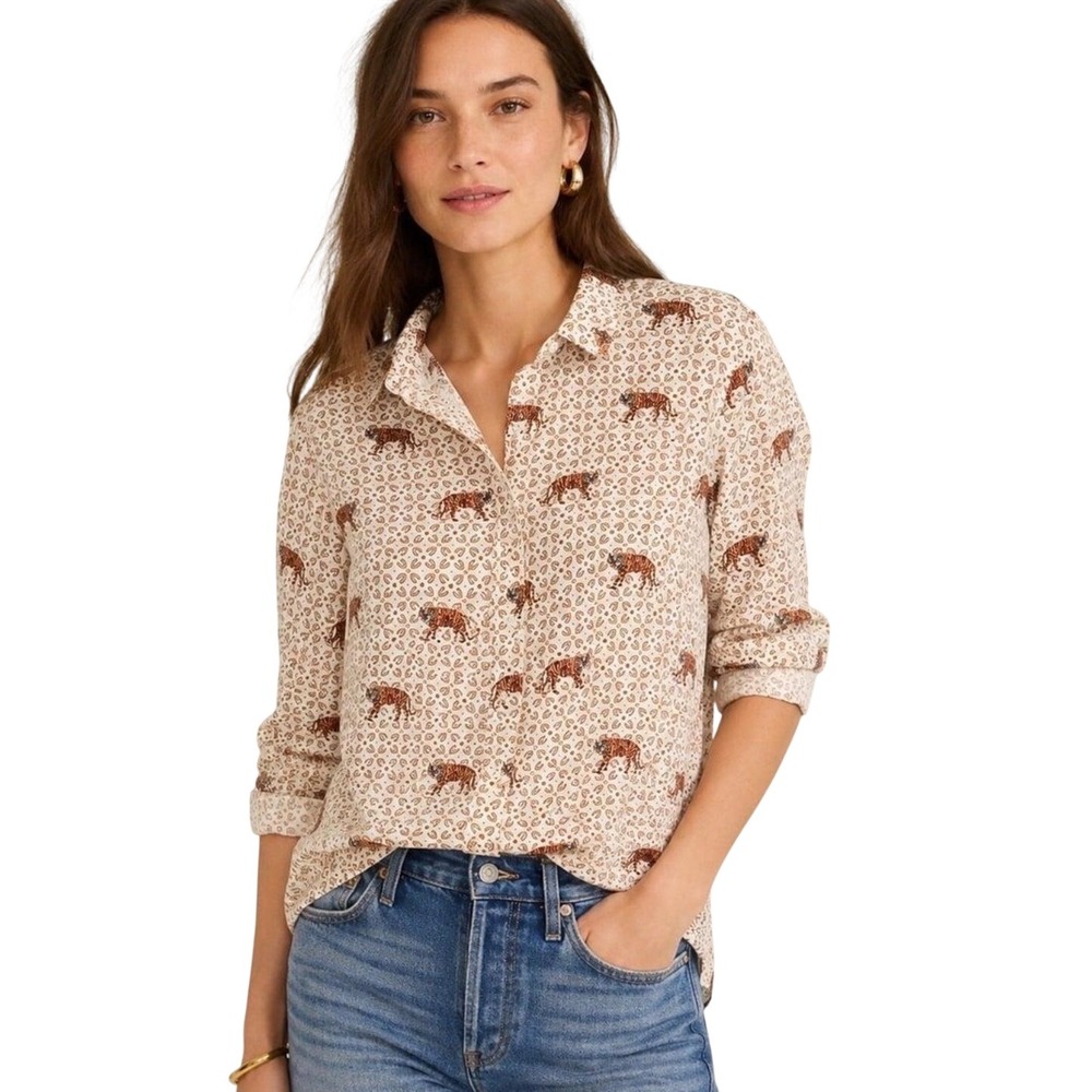 J.Crew Womens 100% Silk Twill Tiger Print Button Down Blouse Ivory Sz 10